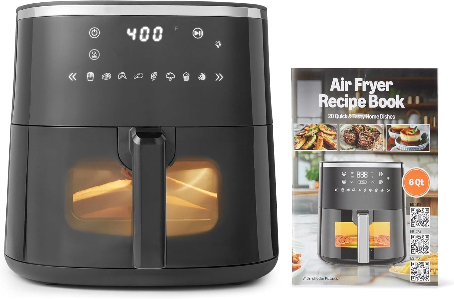 Basics 6-Quart Digital Air Fryer with Easy View Window, 8 Preset Menus, Digital Touch Panel, Ceramic Nonstick Coating, 140°F-400°F Temperature Range, 1550W, Black